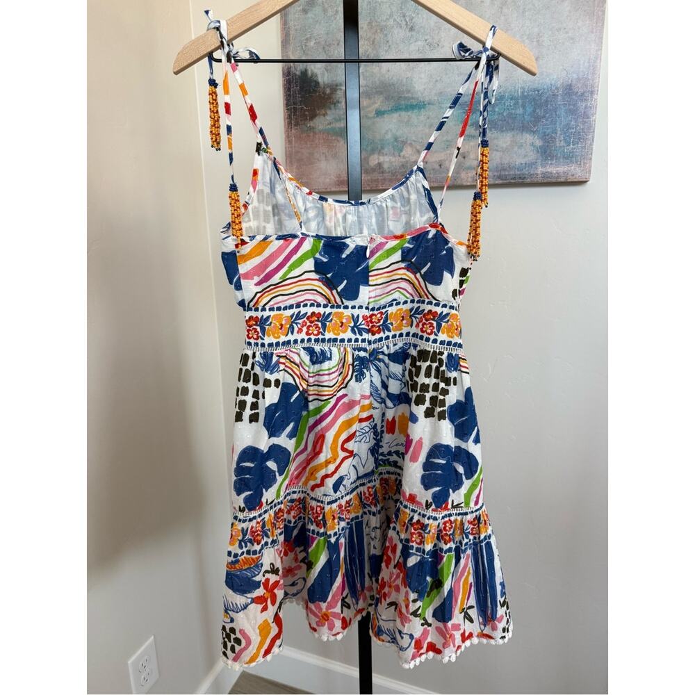 NEW FARM Rio Wild Brazil Mini Dress Botanical Print Beaded Tie Shoulder Small - Picture 5 of 6